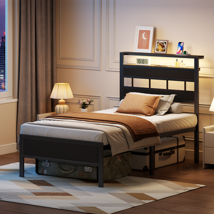 Satifur Twin Size Bed Frame with Storage Headboard and LED Light, Platform Bed with Metal Slats, Noise Free Design