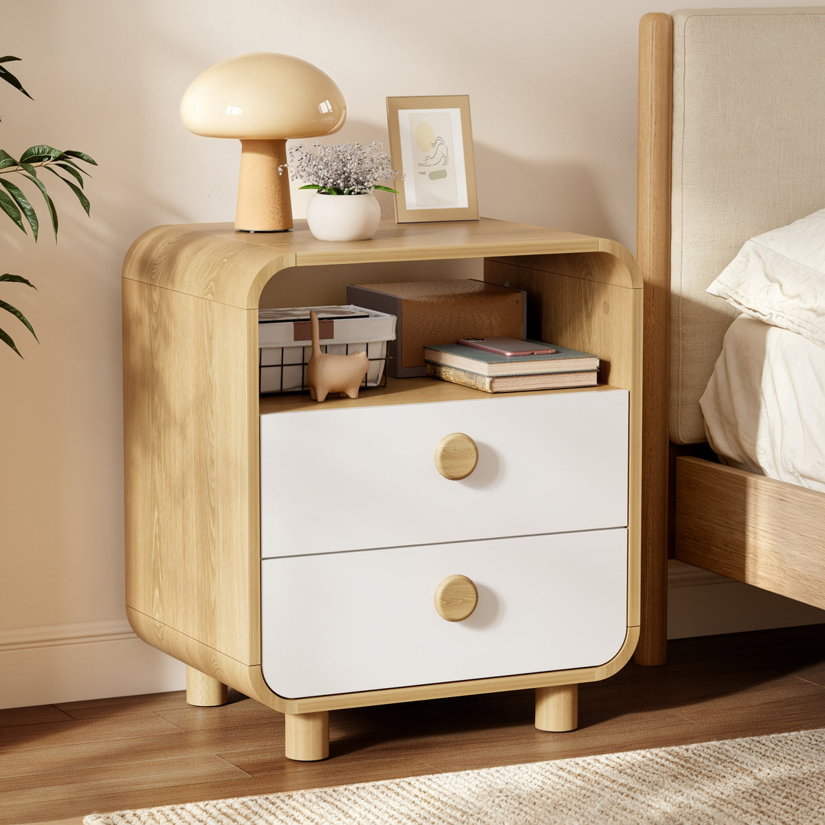 Satifur 2-Drawer Nightstand, White Bedside Table with Open Shelf & Wood Frame, Compact Storage for Bedroom, Living Room