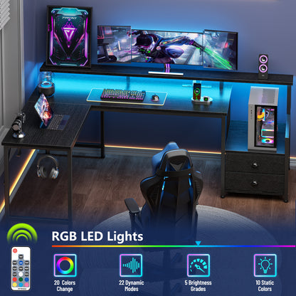 Satifur 66" L-Shaped Gaming Desk with LED Lights & Power Outlets, Computer Desk with Drawers & Printer Stand, Black