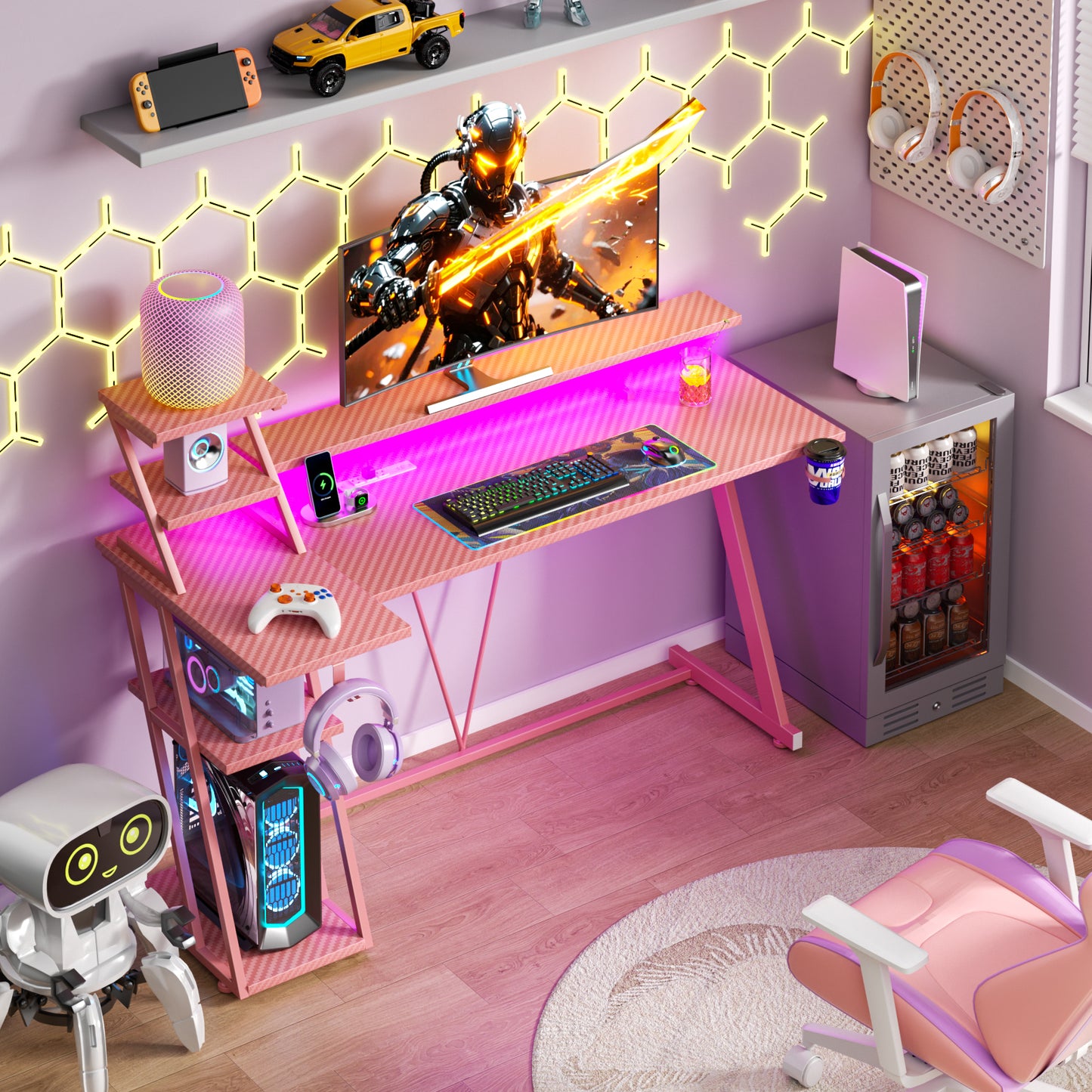 Satifur 55" Carbon Fiber Gaming Desk L-Shaped Computer Desk, RGB Lights & Power Outlets, Pink