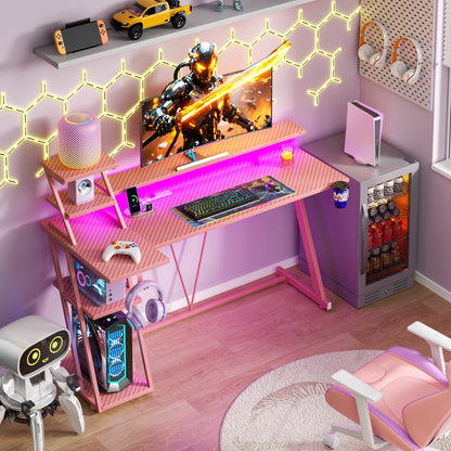 Satifur 55" Carbon Fiber Gaming Desk L-Shaped Computer Desk, RGB Lights & Power Outlets, Pink