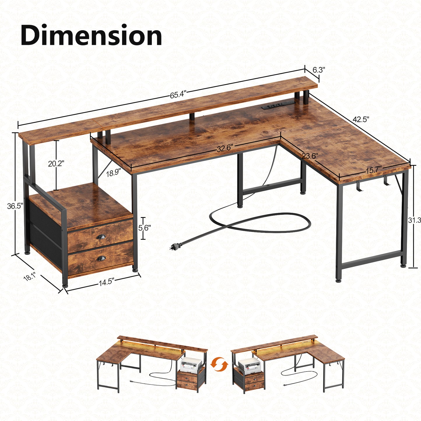 Satifur 66" L-Shaped Gaming Desk with LED Lights & Power Outlets, Computer Desk with Drawers & Printer Stand, Rustic Brown
