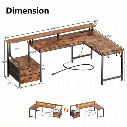 Satifur 66" L-Shaped Gaming Desk with LED Lights & Power Outlets, Computer Desk with Drawers & Printer Stand, Rustic Brown