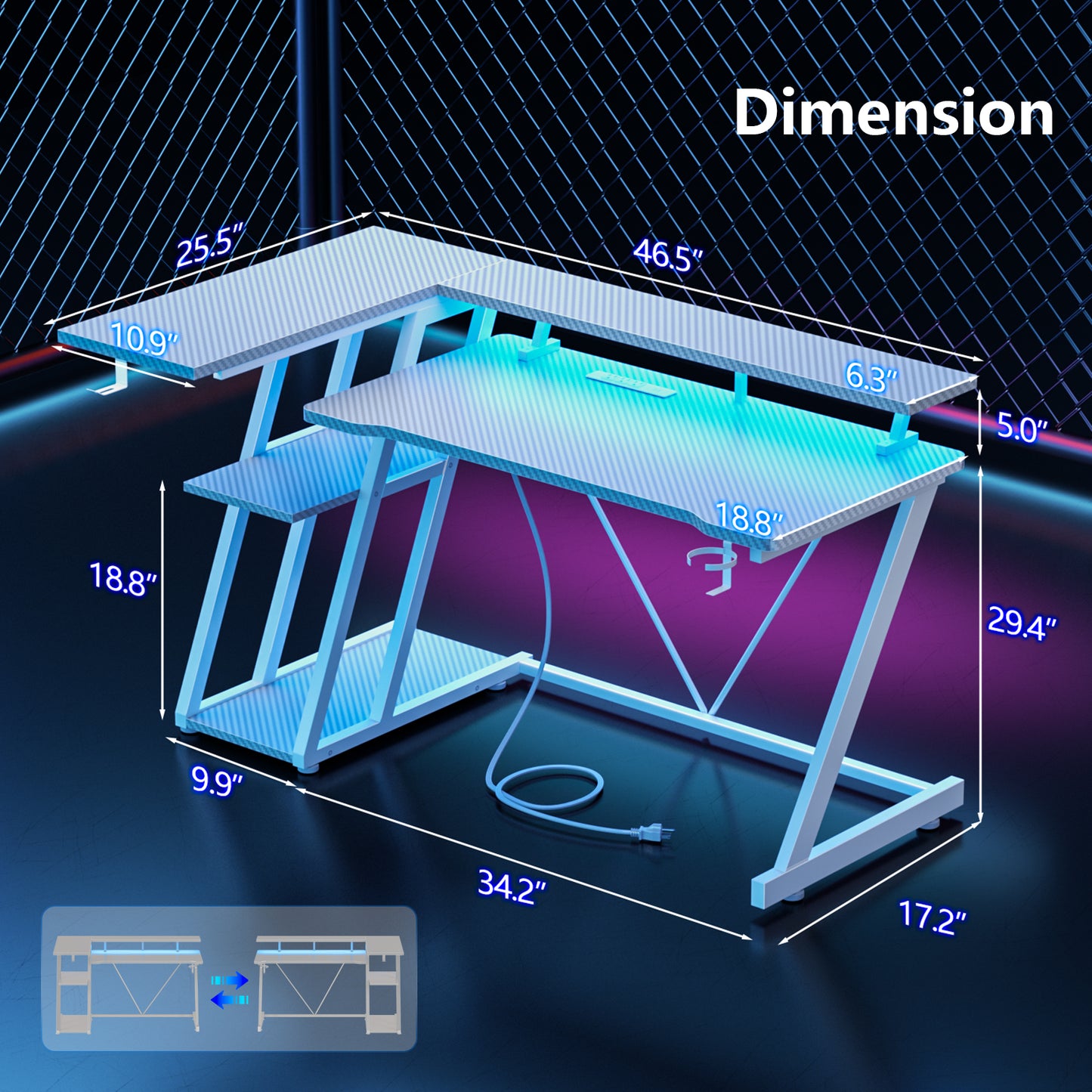Satifur 47" Pro L-Shaped Gaming Desk White, RGB LED, Power Hub & Monitor Riser for Ultimate Setup