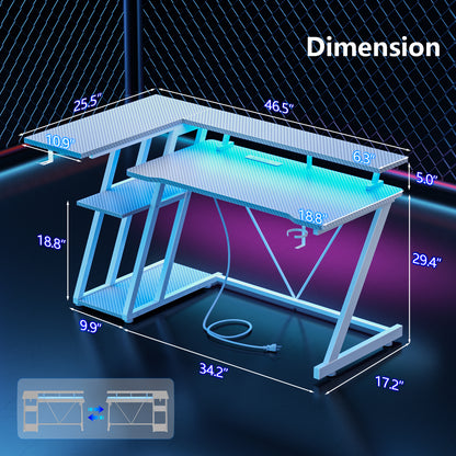 Satifur 47" Pro L-Shaped Gaming Desk White, RGB LED, Power Hub & Monitor Riser for Ultimate Setup