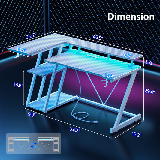 Satifur 47" Pro L-Shaped Gaming Desk White, RGB LED, Power Hub & Monitor Riser for Ultimate Setup