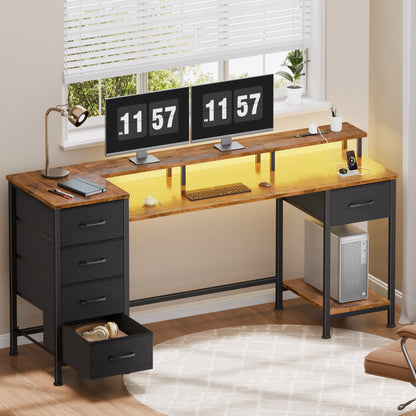 Satifur Gaming Desk with LED Lights & Power Outlets, 55" Computer Desk with 5 Fabric Drawers & Open Storage, Reversible Home Office Desk,retro Brown