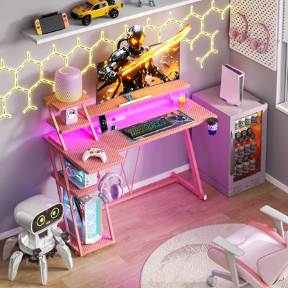 Satifur 39" Carbon Fiber Gaming Desk L-Shaped Computer Desk, RGB Lights & Power Outlets, Pink
