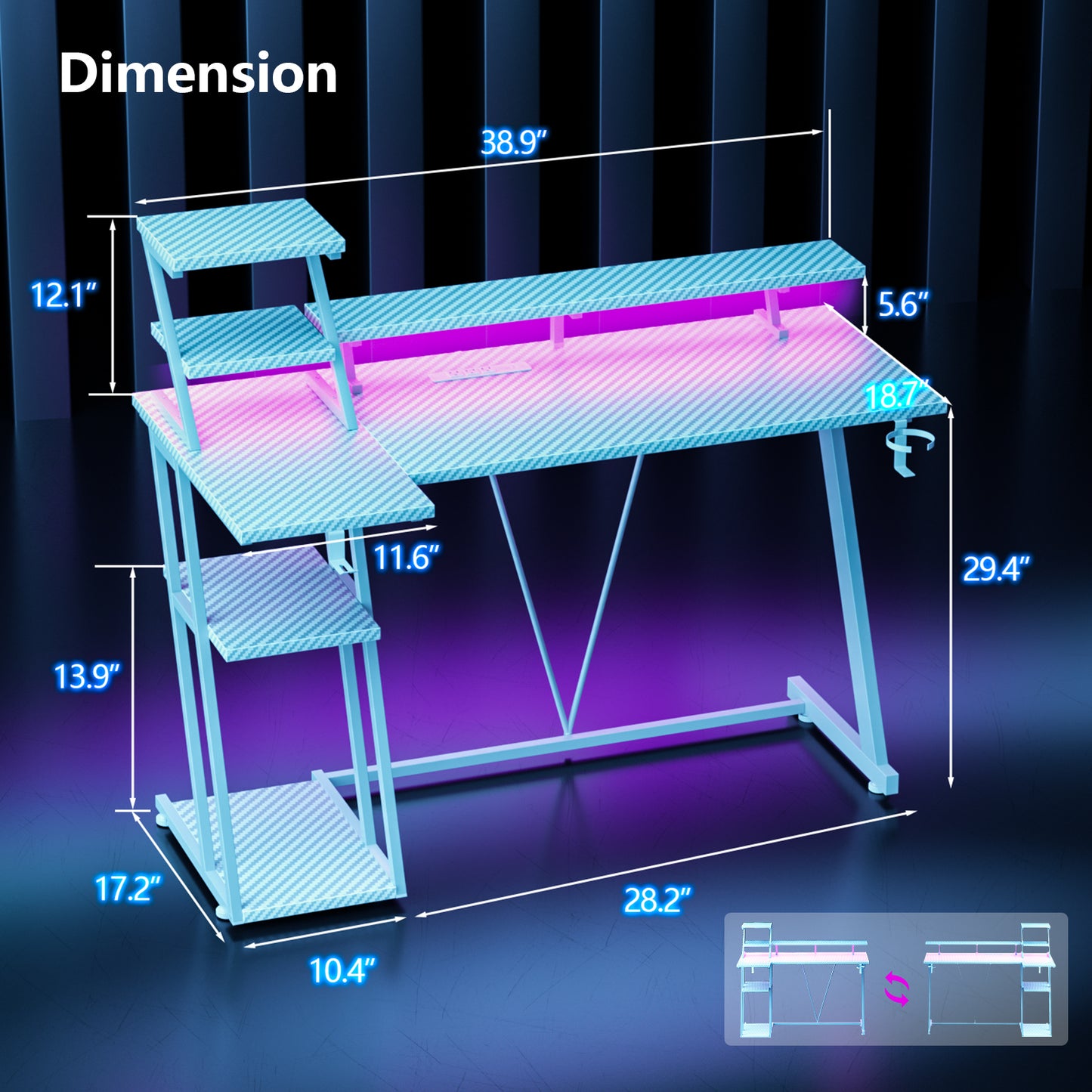 Satifur 39" Carbon Fiber Gaming Desk L-Shaped Computer Desk, RGB Lights & Power Outlets, White