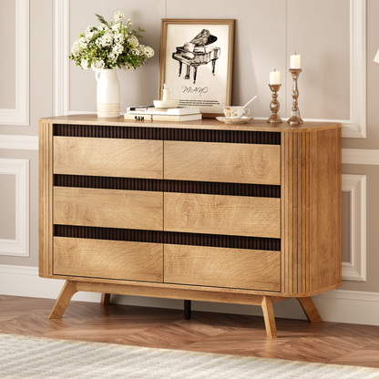 Satifur 6 Drawer Dresser, Wooden Wide Chest of Drawers for Bedroom, Living Room Storage Cabinet and TV Stand up to 45 Inch, Natural Oak