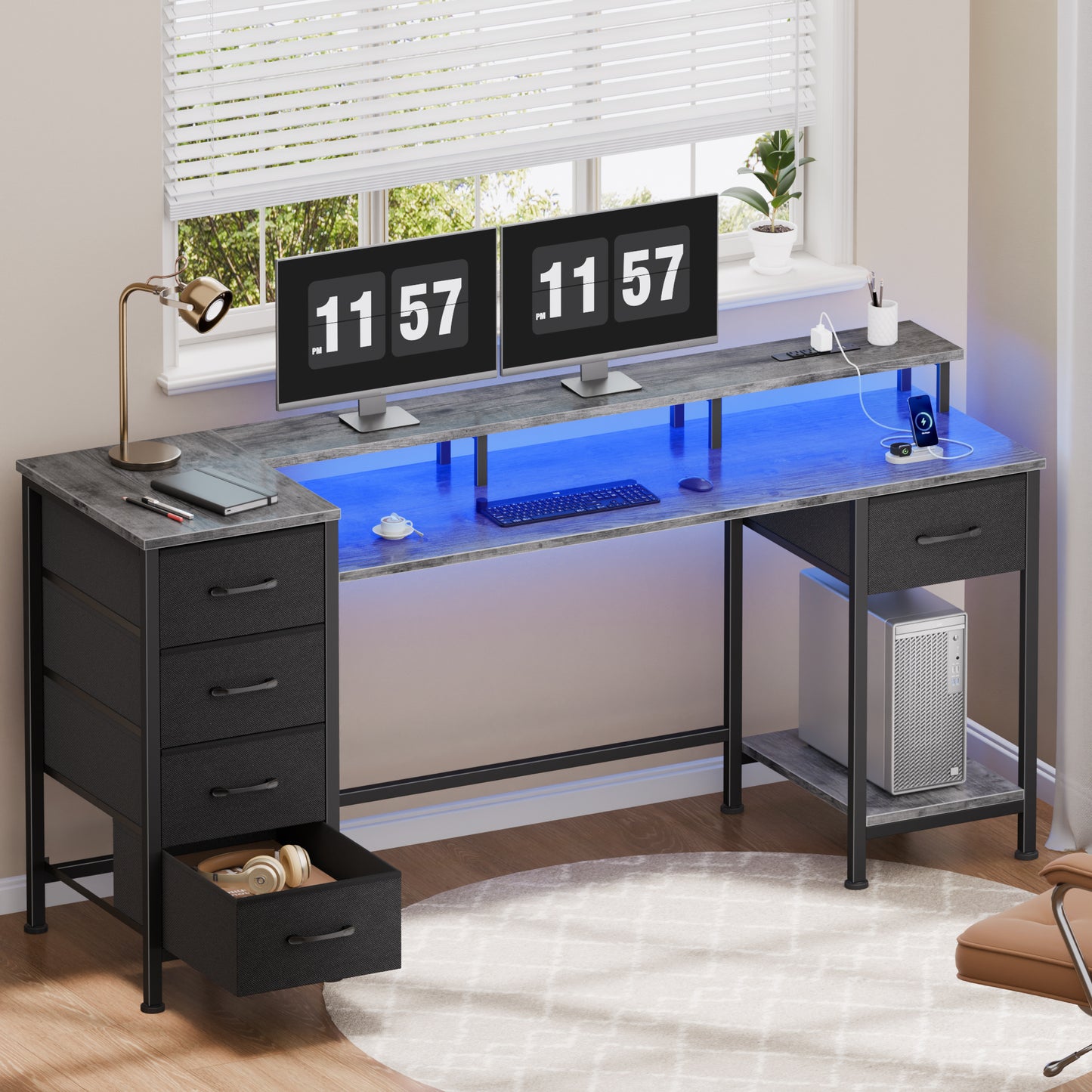 Satifur Gaming Desk with LED Lights & Power Outlets, 55" Computer Desk with 5 Fabric Drawers & Open Storage, Reversible Home Office Desk,Grey