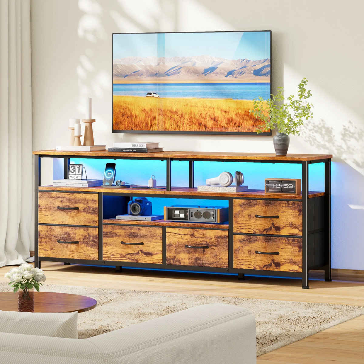 Tydimor 55 Inch TV Stand with LED Lights & Charging Power Station, 6 Fabric Drawer Dresser, Multifunctional Media Console, Sideboard Storage Cabinet, Entryway Hallway Table Fits 32-70 Inch TV