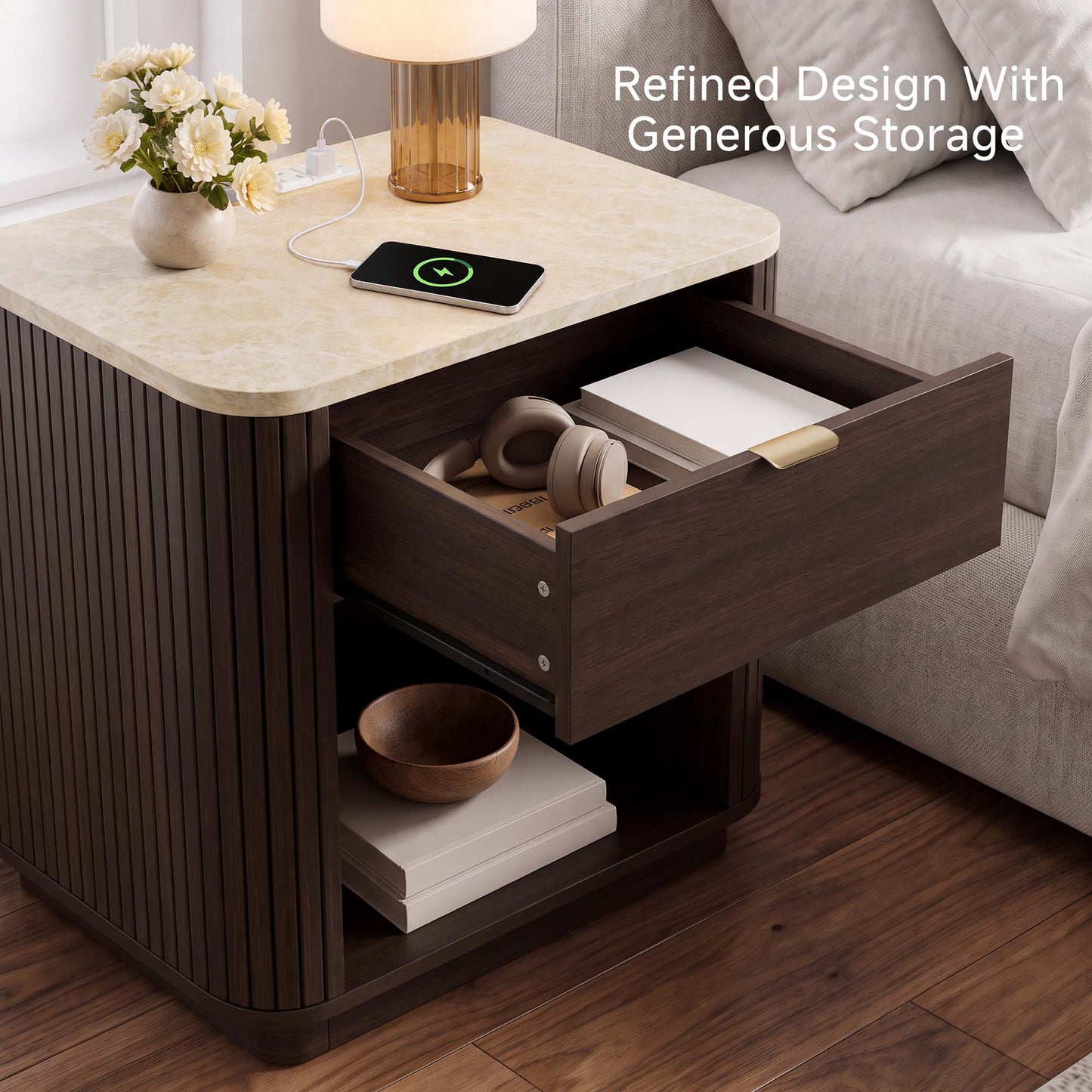 Satifur Wooden Nightstand with Charging Station Set of 2, 1 Drawer Fluted Night Stands with Storage, Modern Bedside Table Set of 2 for Bedroom, Walnut
