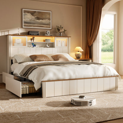 Satifur Metal Platform Bed Frame with Storage Drawers & RGB LED Strip Light, Built‑in Charging Station, No Box Spring Needed, White & Walnut Brown