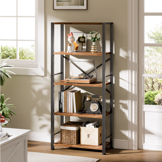 Hexmn 5 Tier Sturdy Wood & Metal Frame Bookshelf, Large Capacity Space-Saving Design With Adjustable Feet,Rustic Brown