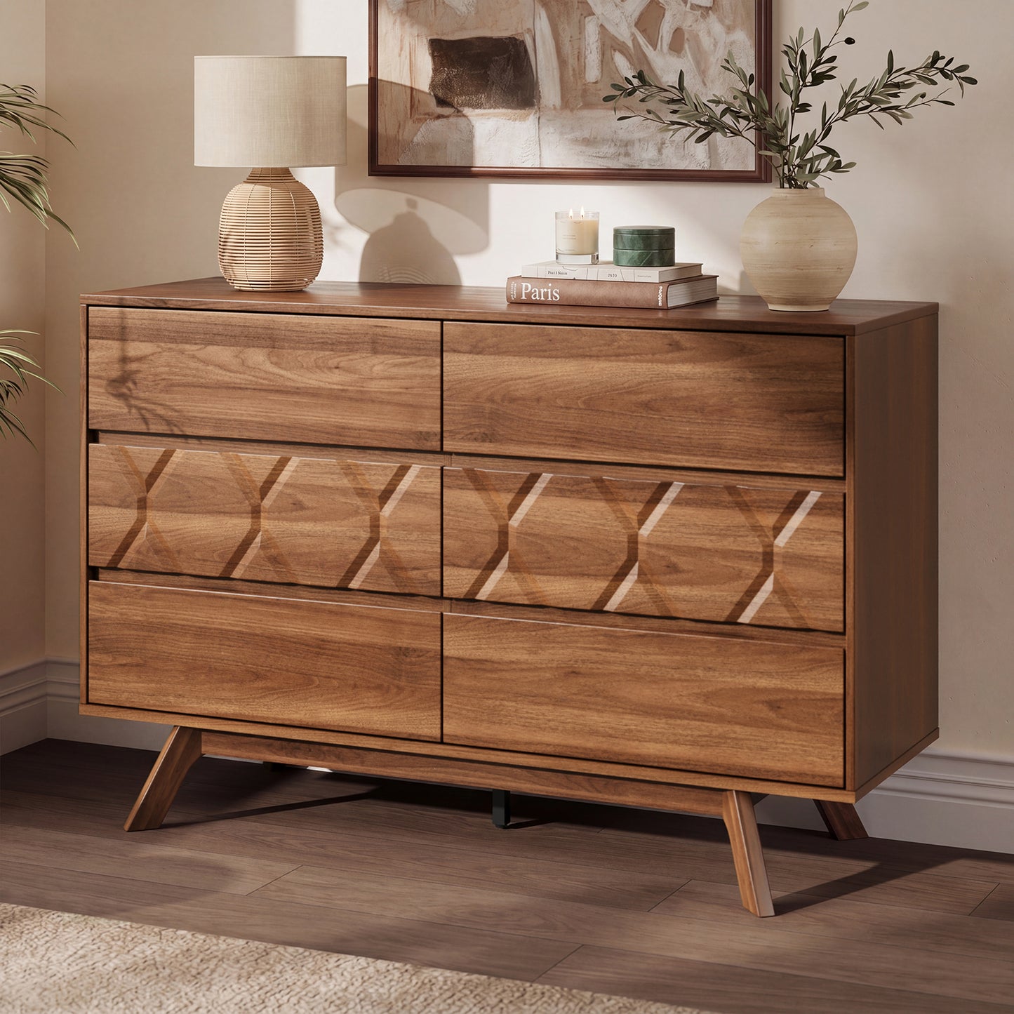 Tydimor 6 Drawer Wooden Geometric Dresser, 47" Wide Mid Century Textured Chest of Drawers, Bedroom Storage Cabinet & TV Stand, Walnut