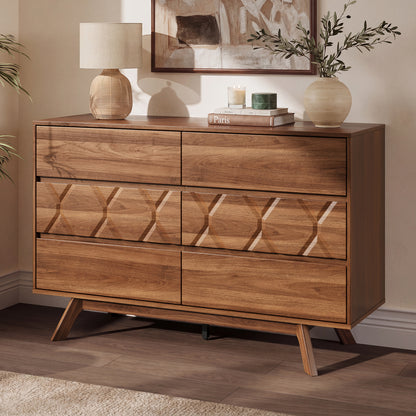 Tydimor 6 Drawer Wooden Geometric Dresser, 47" Wide Mid Century Textured Chest of Drawers, Bedroom Storage Cabinet & TV Stand, Walnut