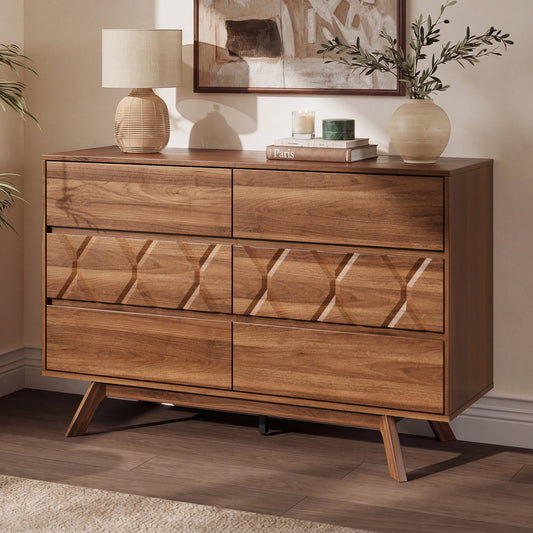 Tydimor 6 Drawer Wooden Geometric Dresser, 47" Wide Mid Century Textured Chest of Drawers, Bedroom Storage Cabinet & TV Stand, Walnut