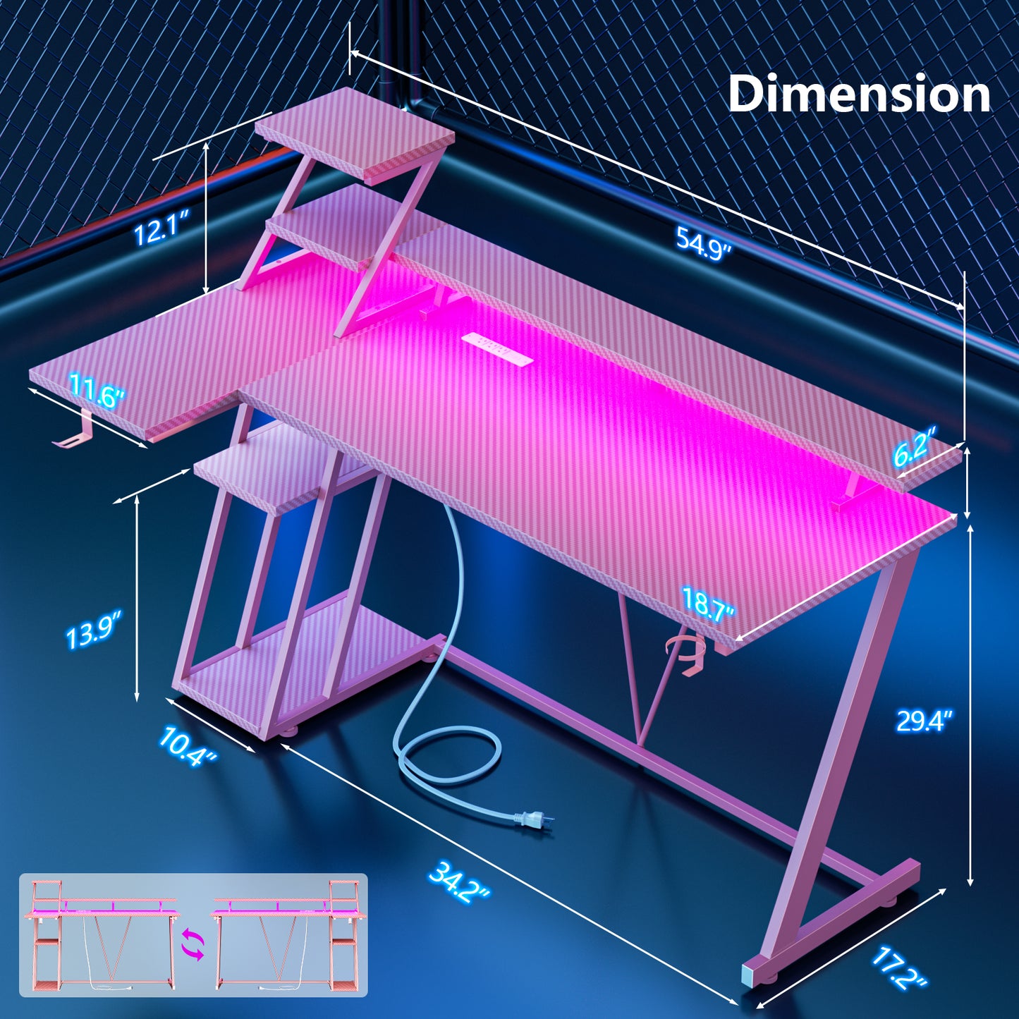Satifur 55" Carbon Fiber Gaming Desk L-Shaped Computer Desk, RGB Lights & Power Outlets, Pink