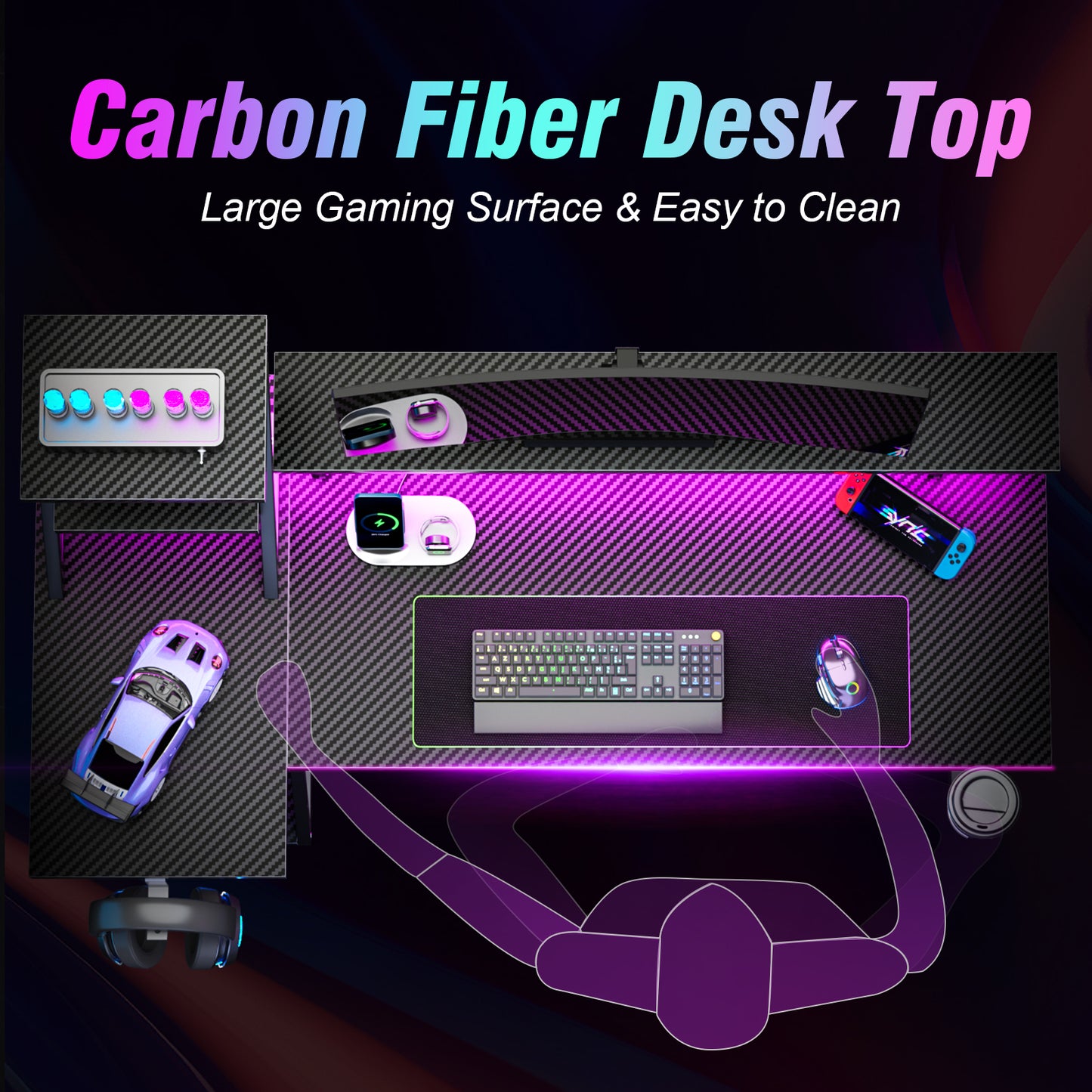 Satifur 47" Carbon Fiber Gaming Desk L-Shaped Computer Desk, RGB Lights & Power Outlets, Black