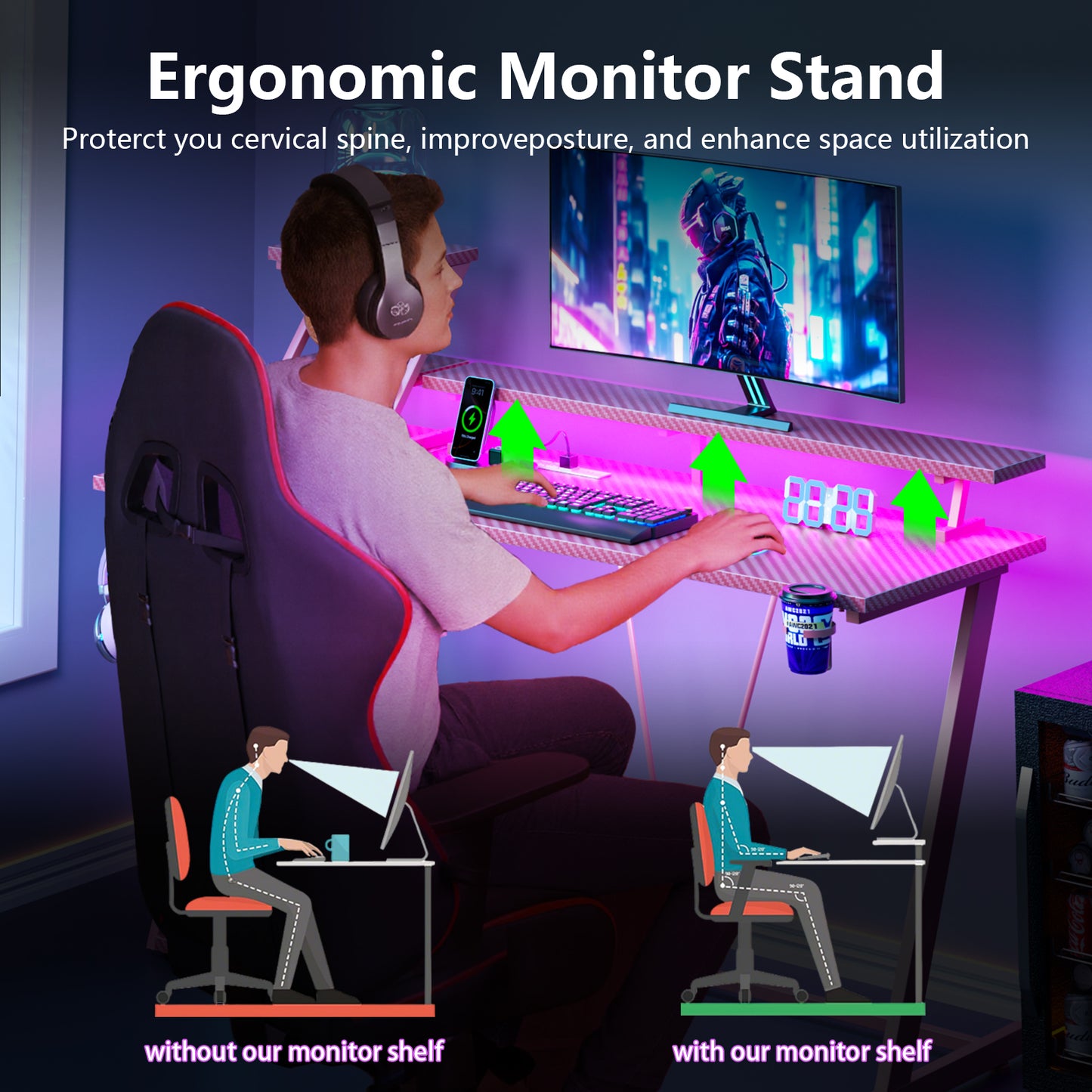 Satifur 55" Carbon Fiber Gaming Desk L-Shaped Computer Desk, RGB Lights & Power Outlets, Pink