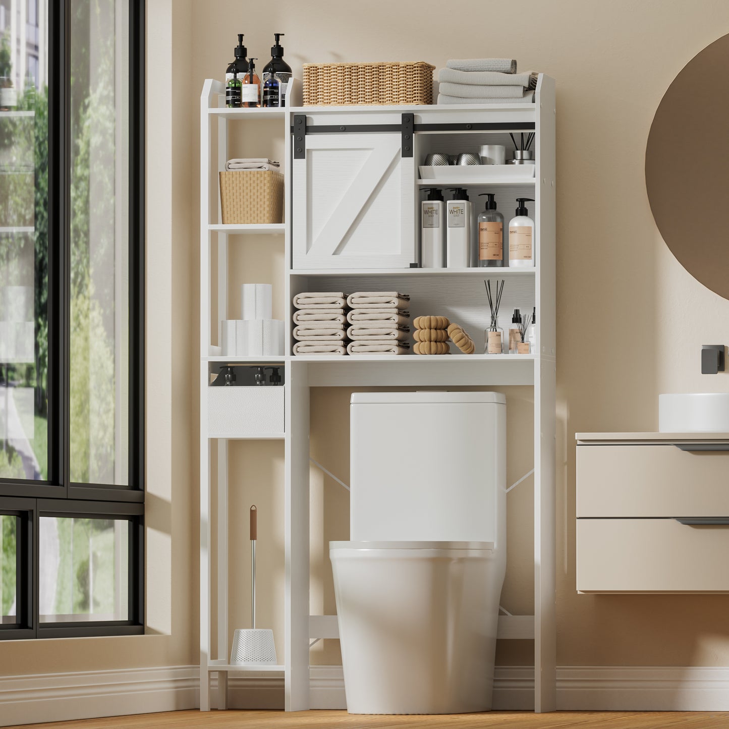 Hexmn Over The Toilet Storage Cabinet with Sliding Barn Door, 6-Tier Freestanding Bathroom Shelf Farmhouse Organizer with Shelves, Paper Holder and Racks, Farmhouse Toilet Cabinet for Laundry, White