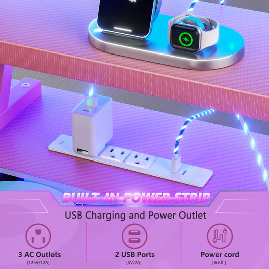 Satifur 39" Pro L-Shaped Gaming Desk Pink, RGB LED, Power Hub & Monitor Riser for Ultimate Setup