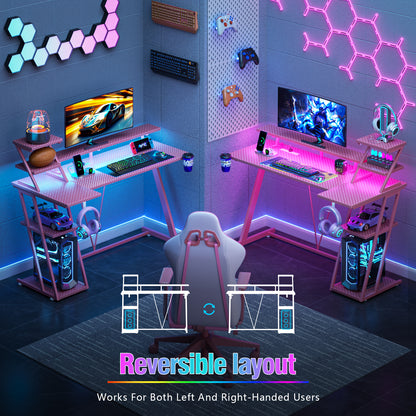 Satifur 47" Carbon Fiber Gaming Desk L-Shaped Computer Desk, RGB Lights & Power Outlets, Pink