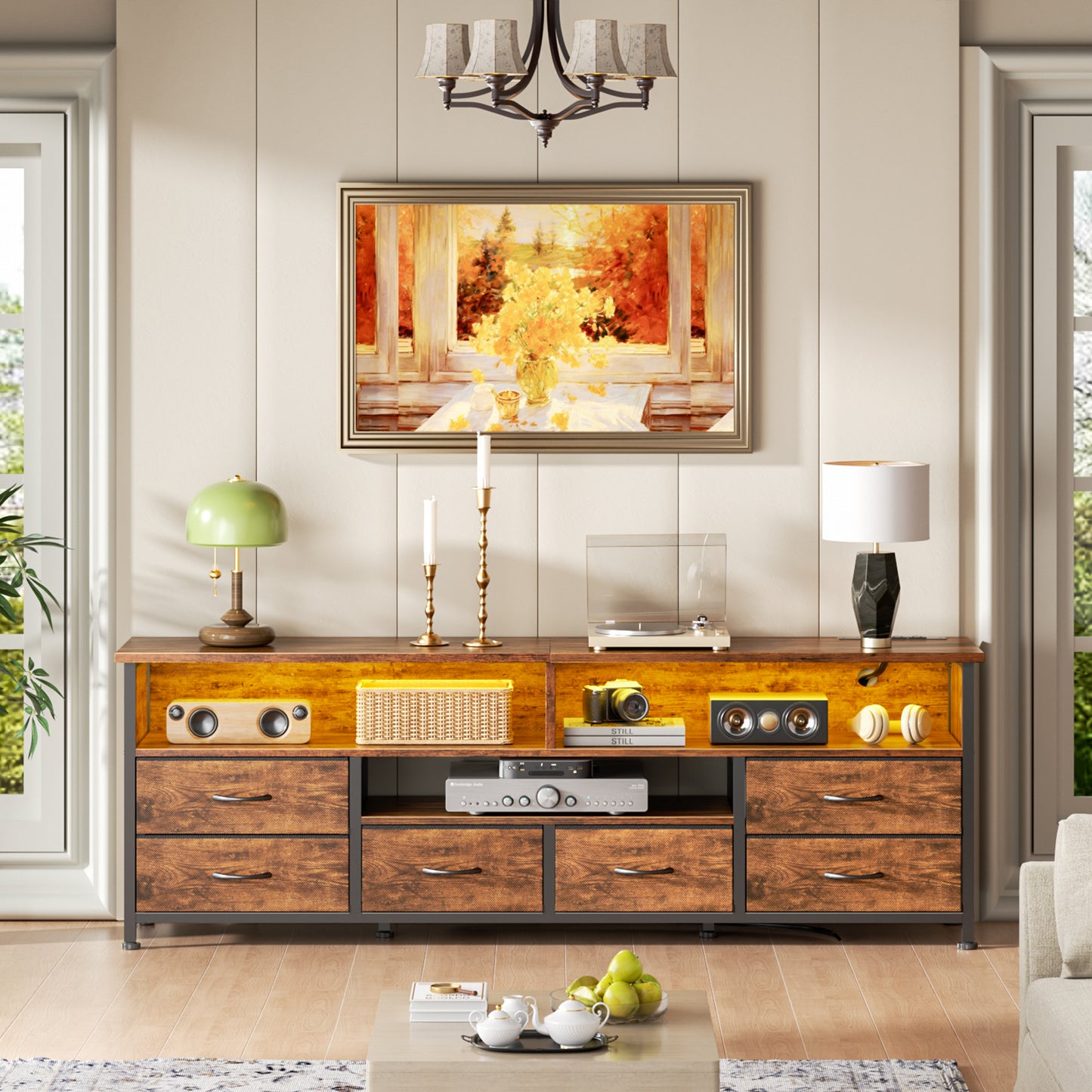 Tydimor Modern TV Stand for TVs up to 65", Media Console with 6 Drawers for Living Room, Entertainment Center with LED lights & Outlets, Rustic