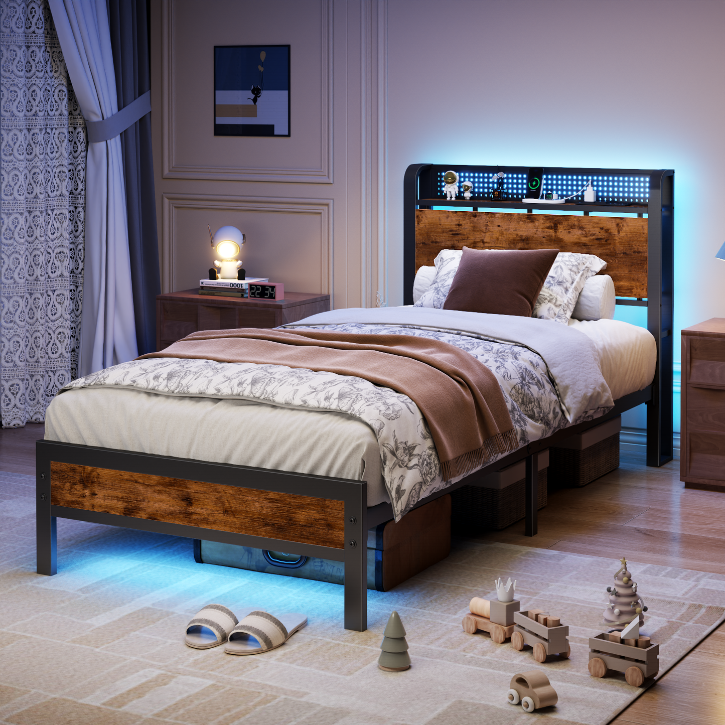 Tydimor Twin RGB LED Strip Platforrm Bed Frames with Headboard Metal, Storage Shelves & Underbed, Niose Free, No Box Spring Needed