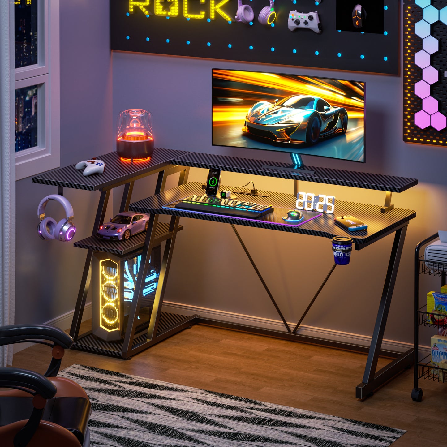 Satifur 55" Pro L-Shaped Gaming Desk Black, RGB LED, Power Hub & Monitor Riser for Ultimate Setup