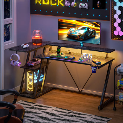 Satifur 55" Pro L-Shaped Gaming Desk Black, RGB LED, Power Hub & Monitor Riser for Ultimate Setup