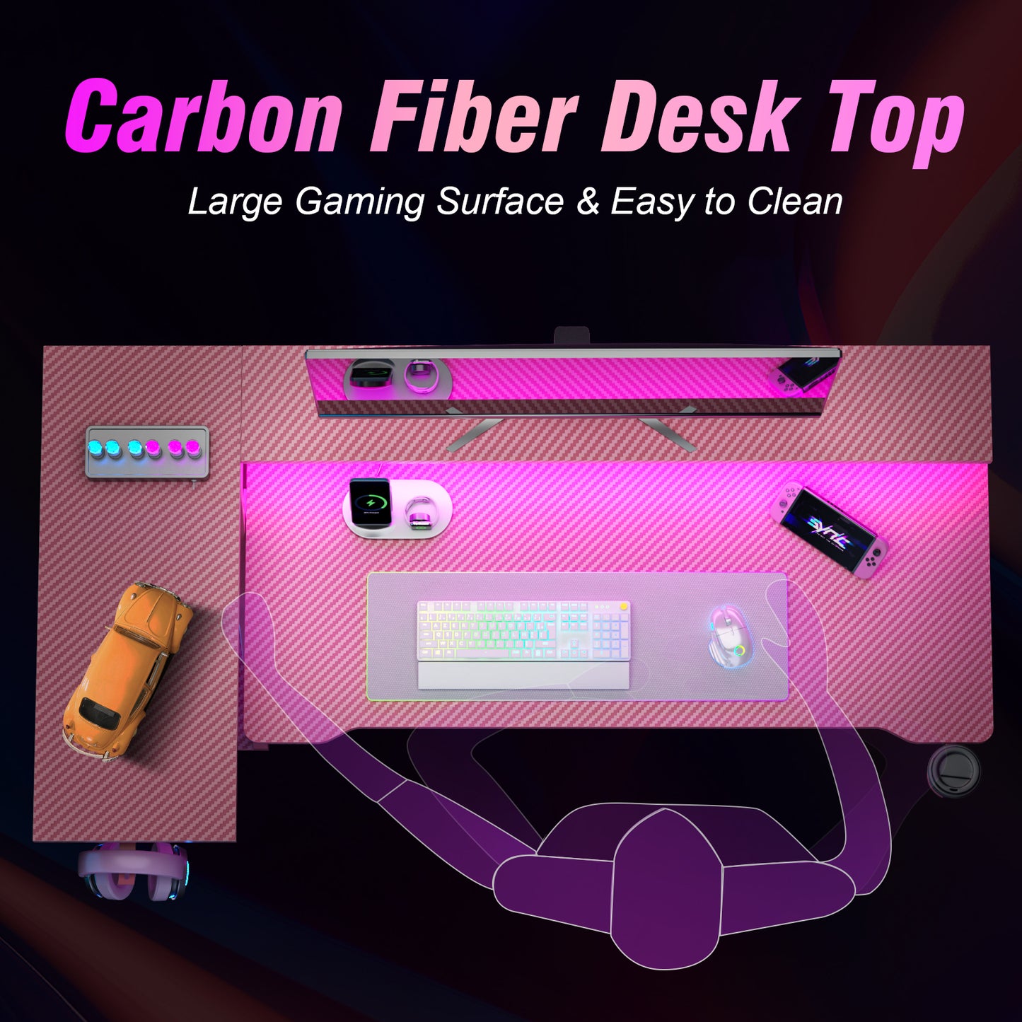 Satifur 55" Pro L-Shaped Gaming Desk Pink, RGB LED, Power Hub & Monitor Riser for Ultimate Setup