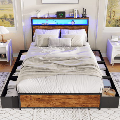Satifur Full Bed Frame with 6 Storage Drawers, Metal Platform Bed Frame with 2-Tier Storage Headboard & LED, Built in Charging Station, Noise-Free, No Box Spring Needed, Rustic Brown