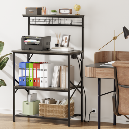 Tydimor Bakers Rack with Power Outlet, Kitchen Microwave Stand, 4-Tier Coffee Bar Table, Space-Saving Kitchen Storage Shelf, Light Black Oak