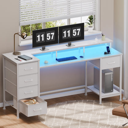 Satifur Gaming Desk with LED Lights & Power Outlets, 55" Computer Desk with 5 Fabric Drawers & Open Storage, Reversible Home Office Desk,White