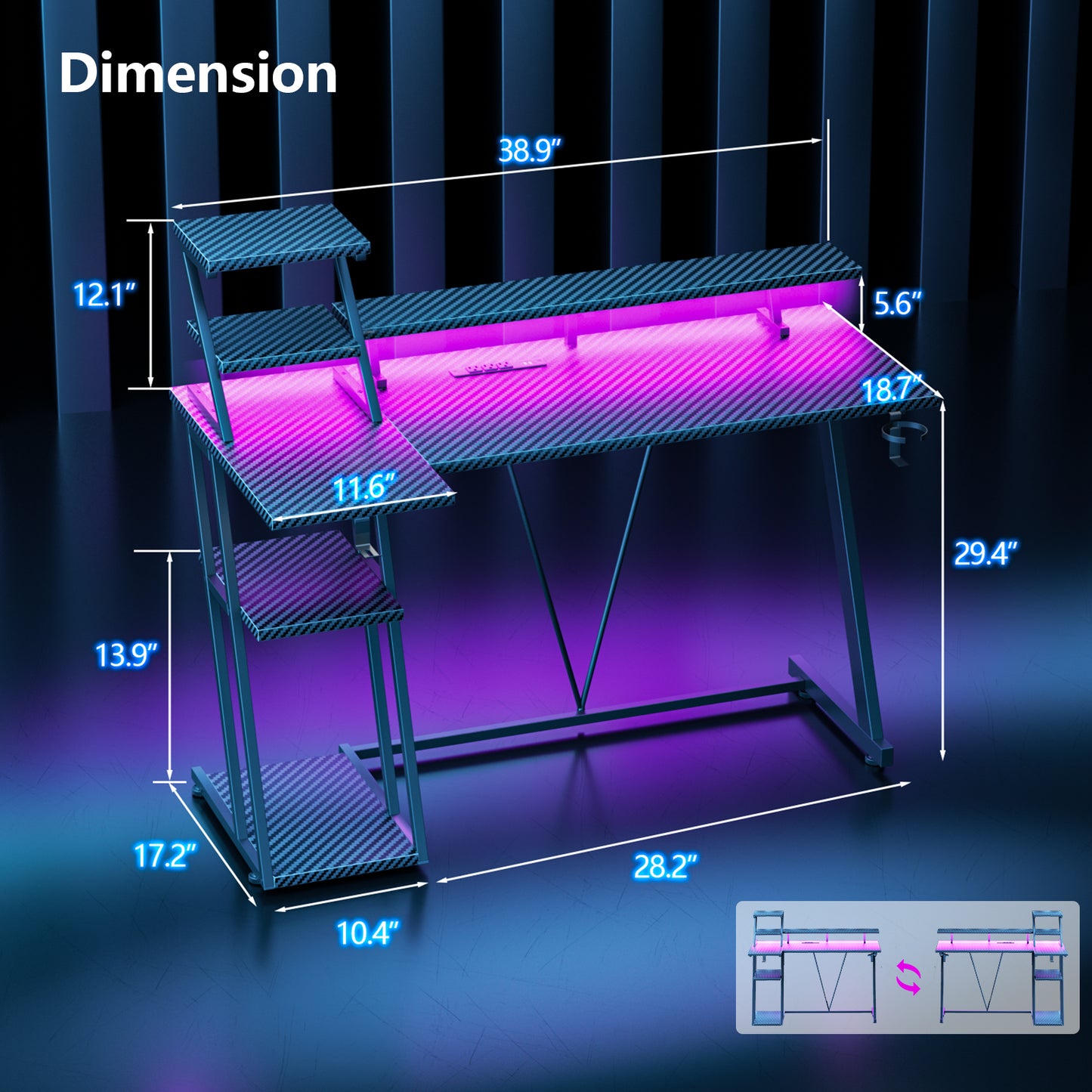 Satifur 39" Carbon Fiber Gaming Desk L-Shaped Computer Desk, RGB Lights & Power Outlets, Black
