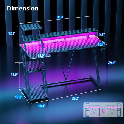 Satifur 39" Carbon Fiber Gaming Desk L-Shaped Computer Desk, RGB Lights & Power Outlets, Black