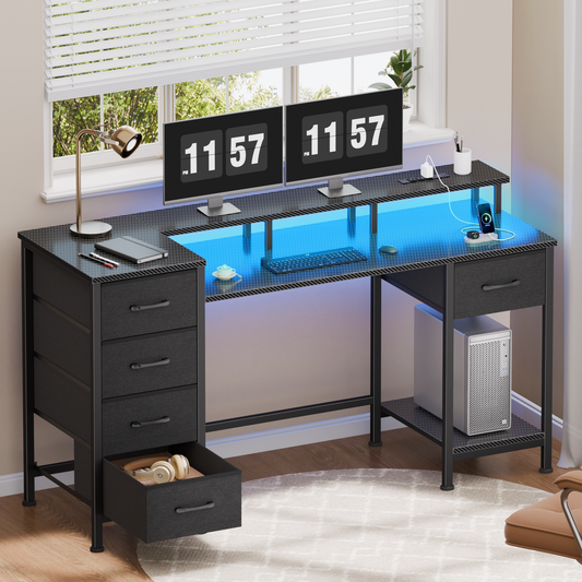 Satifur Gaming Desk with LED Lights & Power Outlets, 47" Computer Desk with 5 Fabric Drawers & Open Storage, Reversible Home Office Desk,Carbon Fiber Black