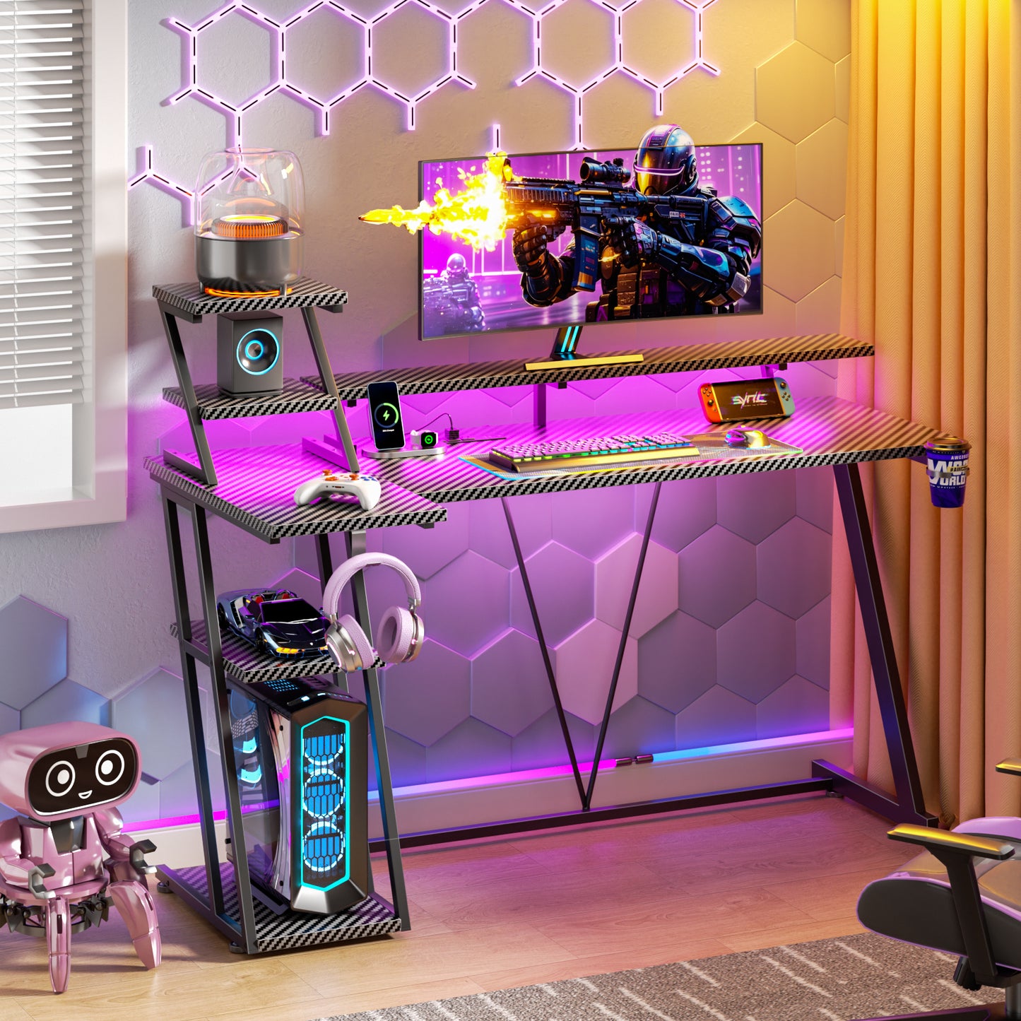 Satifur 55" Carbon Fiber Gaming Desk L-Shaped Computer Desk, RGB Lights & Power Outlets, Black