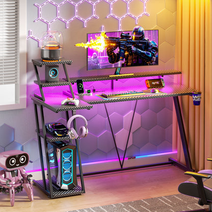 Satifur 55" Carbon Fiber Gaming Desk L-Shaped Computer Desk, RGB Lights & Power Outlets, Black