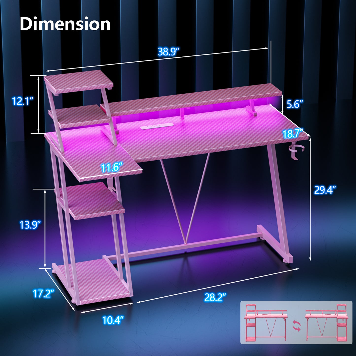 Satifur 39" Carbon Fiber Gaming Desk L-Shaped Computer Desk, RGB Lights & Power Outlets, Pink