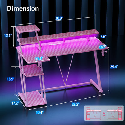 Satifur 39" Carbon Fiber Gaming Desk L-Shaped Computer Desk, RGB Lights & Power Outlets, Pink