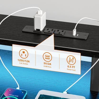 Satifur Computer Desk with 4 Drawers, 61 Inch Reversible Desk with Led Lights & Power Outlet, Home Office Desk with File Drawer & Monitor Stand, Black