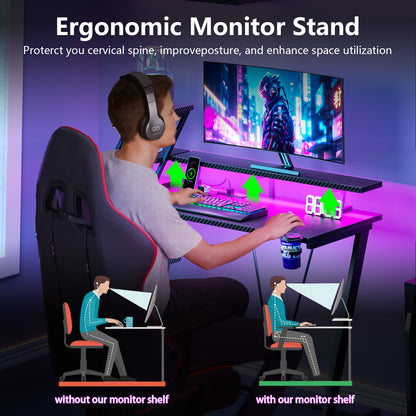 Satifur 39" Carbon Fiber Gaming Desk L-Shaped Computer Desk, RGB Lights & Power Outlets, Black