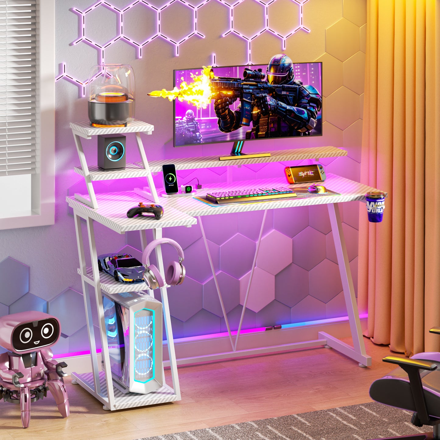 Satifur 39" Carbon Fiber Gaming Desk L-Shaped Computer Desk, RGB Lights & Power Outlets, White