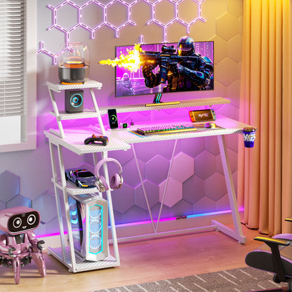 Satifur 39" Carbon Fiber Gaming Desk L-Shaped Computer Desk, RGB Lights & Power Outlets, White