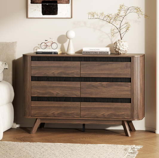 Satifur 47.2″ Wide 6-Drawer Wood Dresser, for Bedroom Storage & as TV Stand, American Walnut
