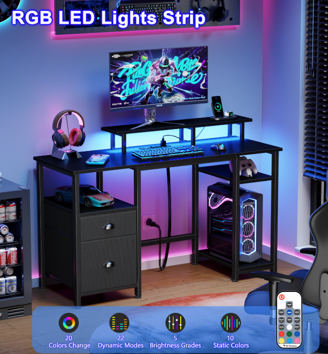 Satifur 51" Reversible 2-Tier Computer Desk with Power Outlet, LED Lights, File Cabinet & Storage Shelves,Black