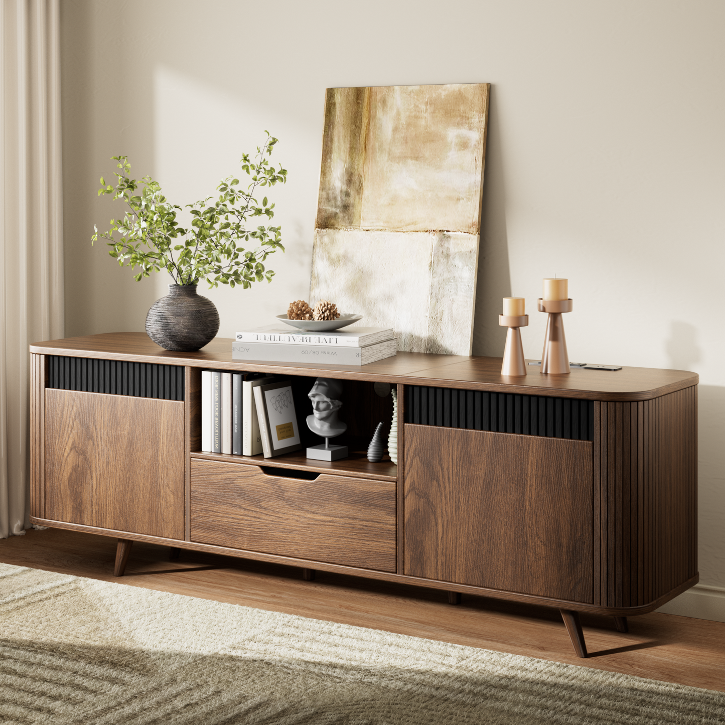 Tydimor TV Cabinet Stands for TVs up to 65", Entertainment Center with Storage Shelf & Outlet, Media Console Table with Drawers for Living Room